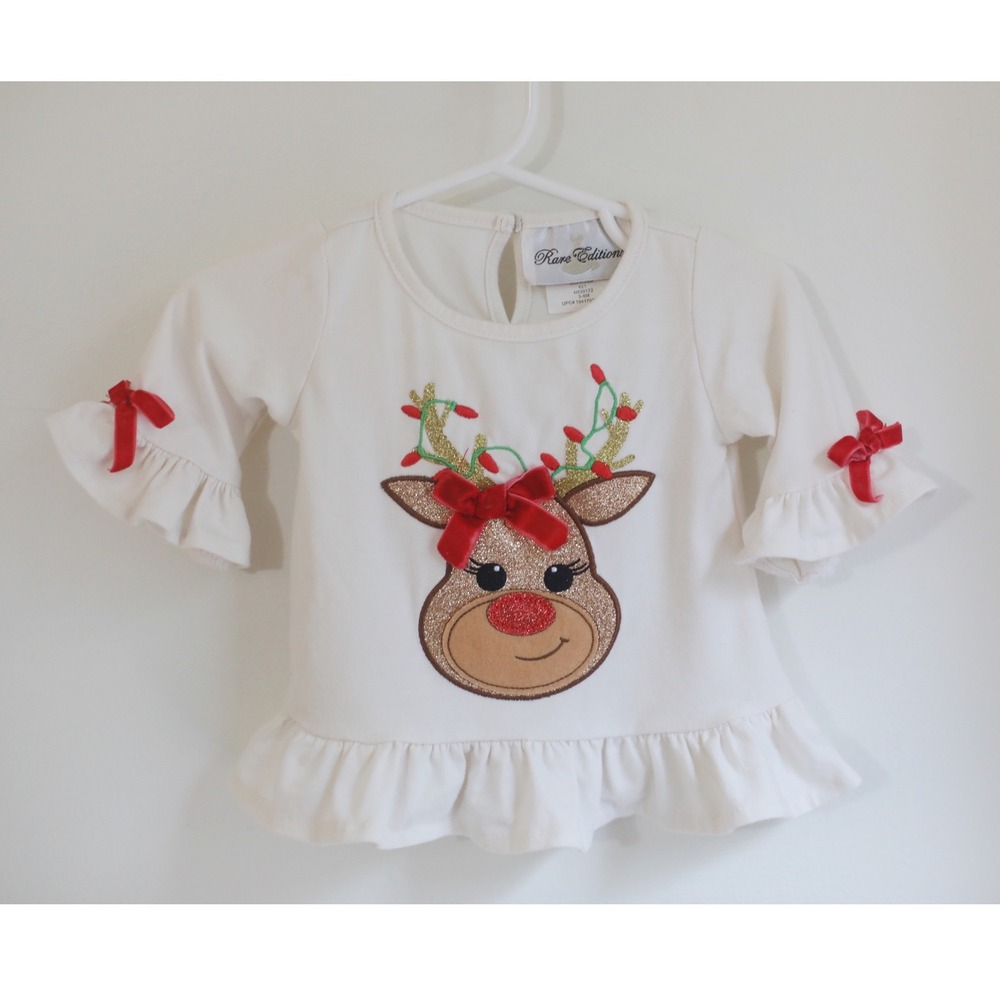 Rare Editions Baby Girl Reindeer Christmas Top Ivory Ruffle Bell Sleeve 3-6M